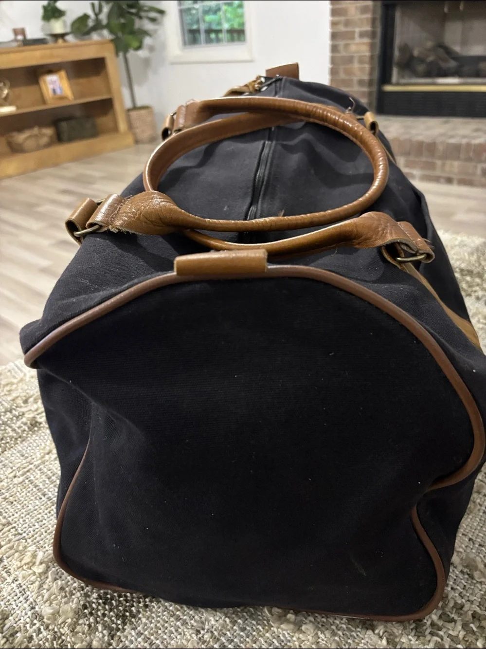 RSJ&G Black Canvas Weekend Travel Duffel Bag with Brown Leather Trim